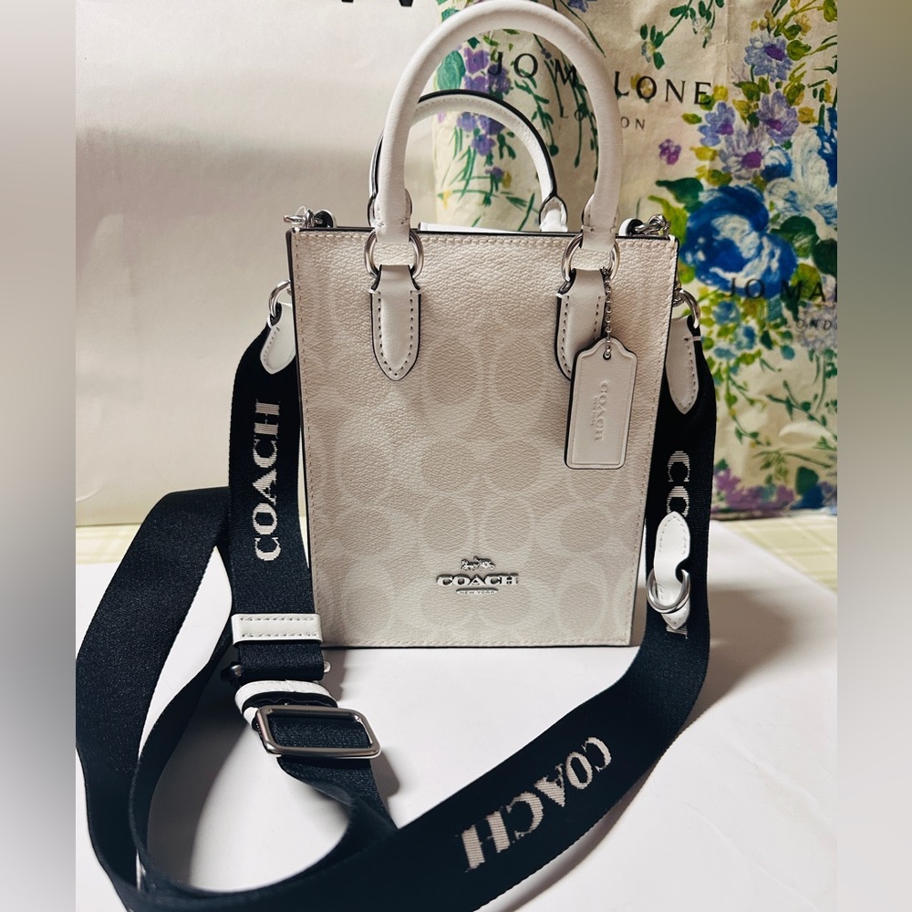 NEW Coach CP011 Signature Logo Mini North South Web Crossbody Purse Bag WHITE